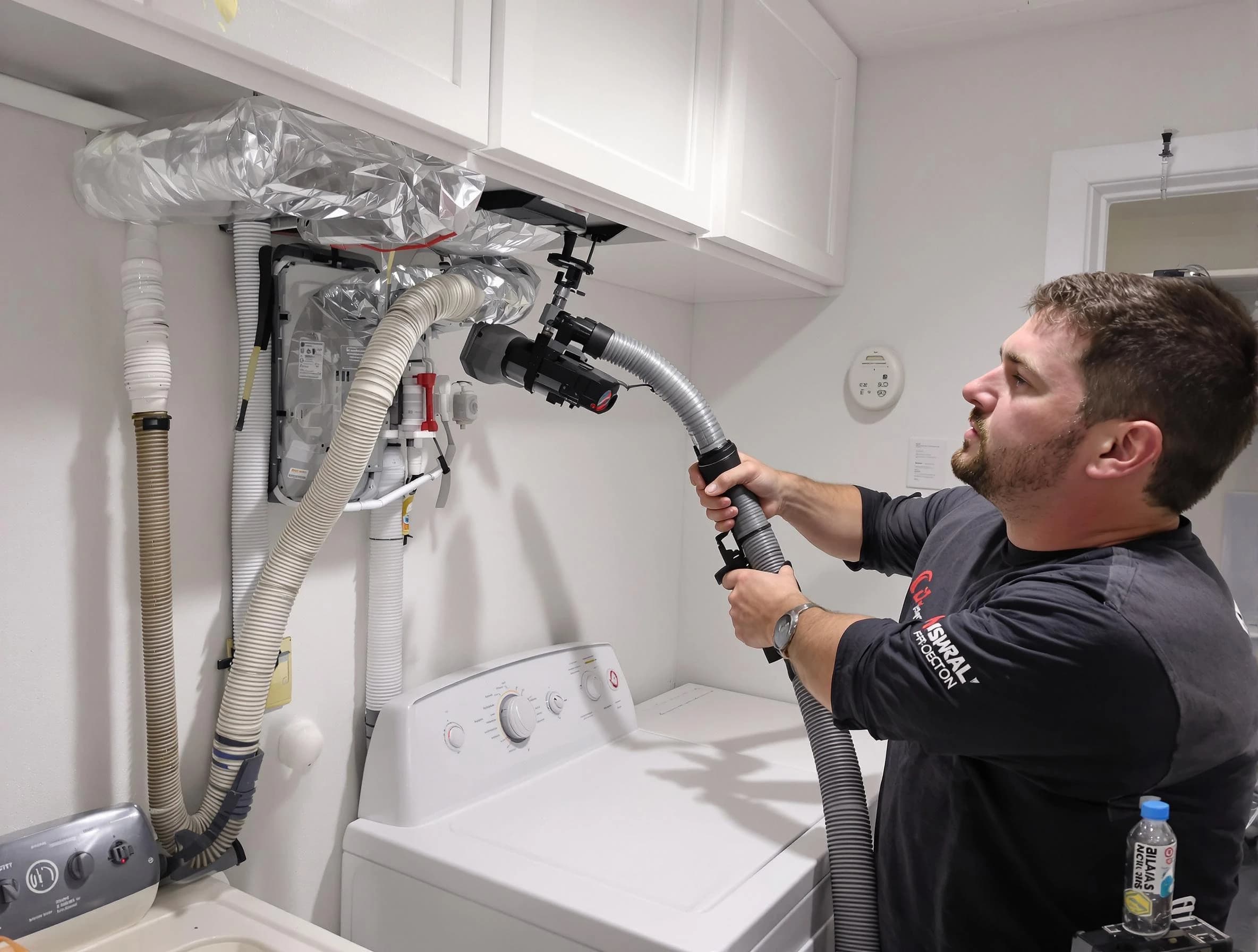 Vinings Dryer Vent Cleaning certified technician performing safety-focused gas dryer vent cleaning in Vinings