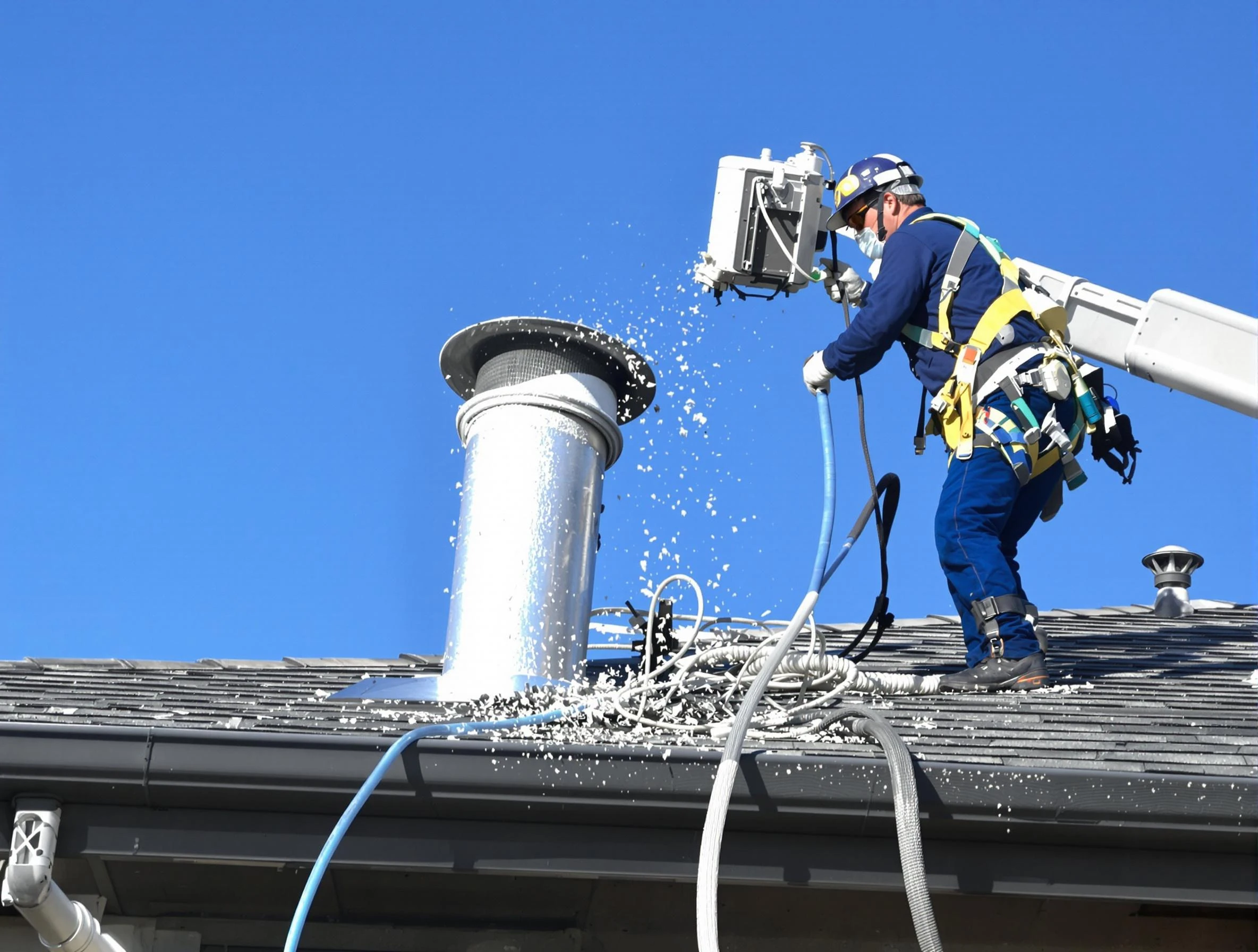 Vinings Dryer Vent Cleaning certified technician safely cleaning a roof-mounted dryer vent in Vinings