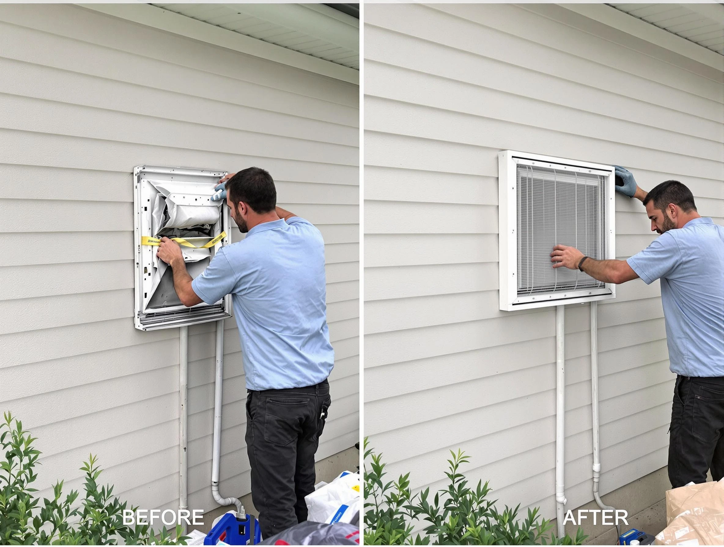 Vinings Dryer Vent Cleaning technician installing high-quality dryer vent cover at a residential property in Vinings